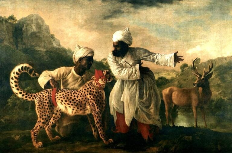 A Cheetah With Two Indian Attendants and a Stag
