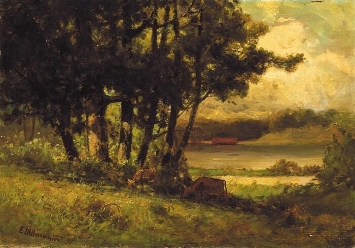 Untitled (landscape with cows grazing near river)