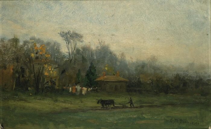 Untitled (landscape with man plowing fields)