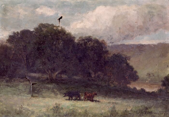 Untitled (landscape with trees and two cows in meadow)