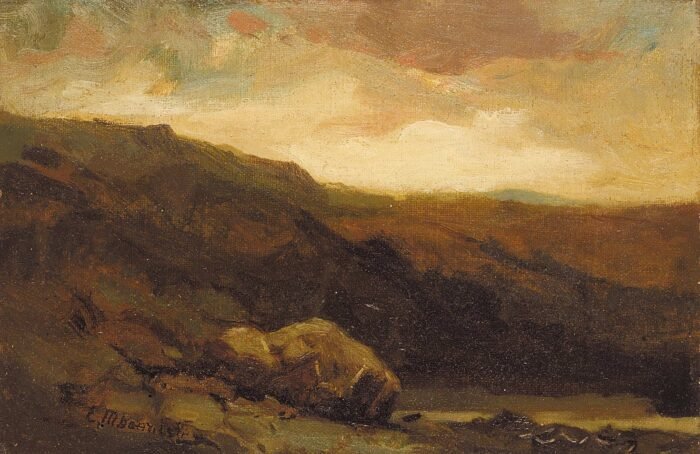 Untitled (mountainous landscape with rock and stream in foreground)